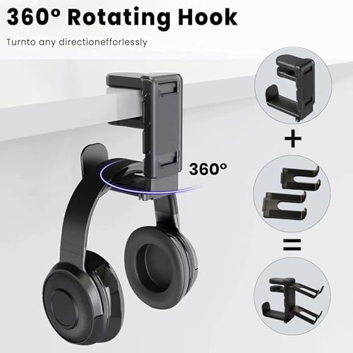 Rotating Headphone Stand with 360° Swivel - Adjustable Clamp-on Under Desk Headset Holder, Universal Gaming & Office Headphone Hanger (Black) - color: Black