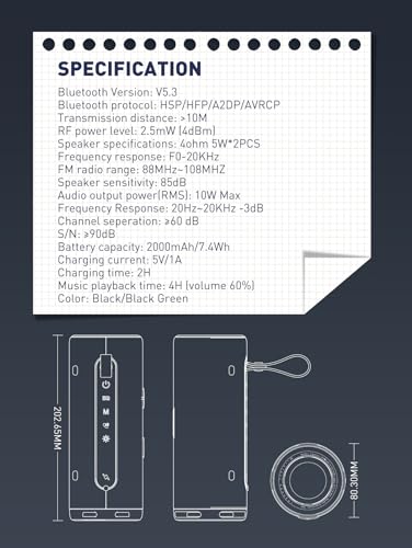 MANTO BTS13 Wireless Speaker, Bluetooth 5.3 TWS Stereo for Outdoor, Beach, Camping, Home, 10W Bass Sound, FM Radio, Micro SD/AUX Playback, 4H Playtime, Portable Lanyard Speaker