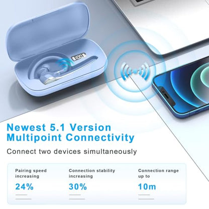 HEIBAS Bluetooth Headset, Wireless Earpiece with Mic for Work Light Blue | 72H Playtime, 500mAh Charging Case, Hands-Free Calling with Mute Button for Trucker, Office, Driving, iPhone, Light Blue - color: Light Blue