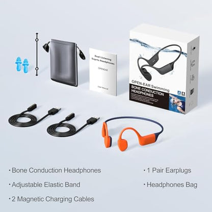 Bone Conduction Headphones Swimming-IPX8 Waterproof Open-Ear Swimming Headphones,Bone Conduction Bluetooth 5.4 Wireless Earphones for Workouts and Running,Built-in Mic & 32GB MP3 Player - color: Orange