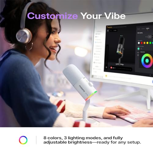 MAONO PD100W Wireless Dynamic Microphone for iPhone, Android & PC (White) | USB-C & Lightning Receivers, Noise Reduction,RGB Lighting, Software EQ, for Gaming, Streaming and Content Creation - color: White
