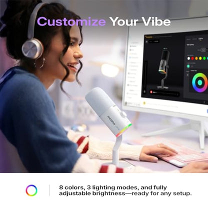 MAONO PD100W Wireless Dynamic Microphone for iPhone, Android & PC (White) | USB-C & Lightning Receivers, Noise Reduction,RGB Lighting, Software EQ, for Gaming, Streaming and Content Creation - color: White