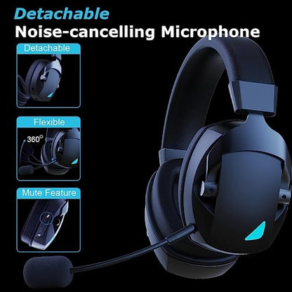 Wireless Gaming Headset with Detachable Noise Cancelling Microphone, 2.4G Bluetooth - USB - 3.5mm Wired Jack 3 Modes Wireless Gaming Headphones for PC, PS4, PS5, Mac, Switch, Phone, Tablet