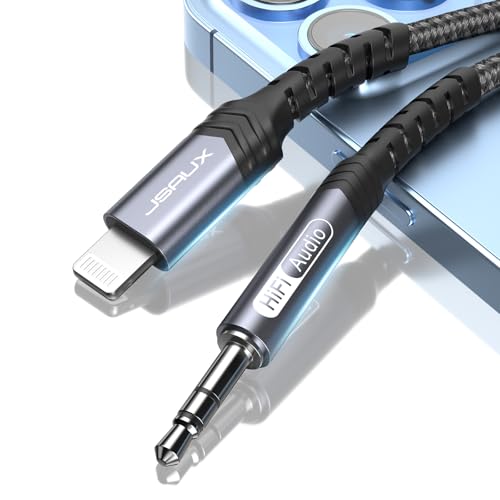 JSAUX MFi Lightning to 3.5mm Audio Cable for iPhone, Car and Headphones | Hi-Fi sound with 24-bit/96kHz DAC; 15,000-bend-tested nylon braid for Lightning iPhone/iPad/iPod, for car stereo - color: Grey, size: 3.3ft