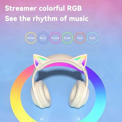 Cat-Ear Wireless Headphones Bluetooth 5.3 Over the Ear Headphones with RGB Light Built-in Mic Foldable Fashionable Stereo Headset Support TF Card for Gaming Travel PC Phone iPad（Cream White） - color: Cream White