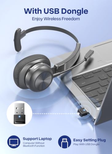 Trucker Bluetooth Headset, Wireless Headset with Microphone | USB Dongle, On Ear Bluetooth Headphones with AI Noise Cancelling 50H Playback Mute Button for Truck Driver Office Work, Ash - color: Ash