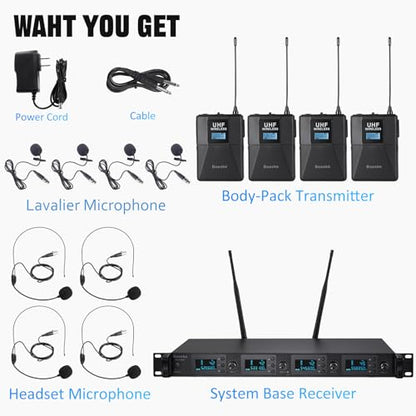 Wireless Microphone System 4 Channel UHF 4 Lavalier Lapel Headset Mics for Karaoke Church Speaking Conference Meeting Party, 4x25 Adjustable Frequency (4 Bodypack) - size: 4 Bodypack