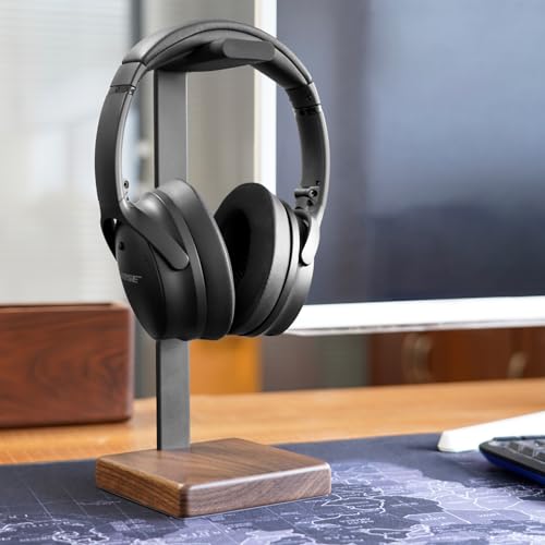Wooden Headphone Stand for Desk, Holder for Apple Sony Beats Bose Headset | Universal Desktop Stand, Non-slip Heavy Base with Soft Padding Square