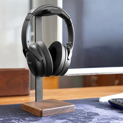 Wooden Headphone Stand for Desk, Holder for Apple Sony Beats Bose Headset | Universal Desktop Stand, Non-slip Heavy Base with Soft Padding Square