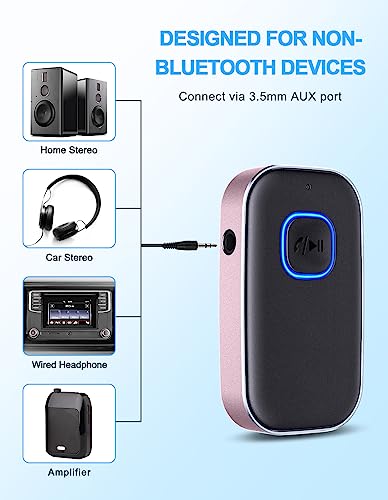 COMSOON Bluetooth AUX Adapter for Car, Wireless Audio Receiver | Noise Reduction Bluetooth Receiver for Music/Hands-Free Calls/Home Stereo/Speaker, 16H Battery Life/Dual Connect (Black+Pink) - color: Black+Pink