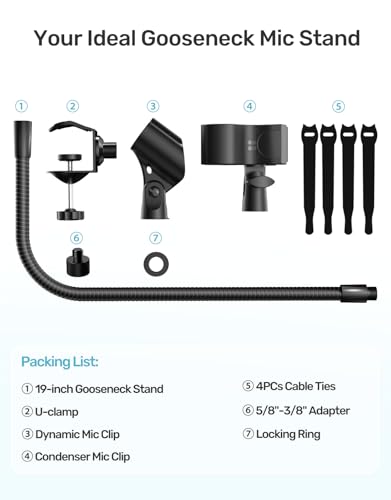 19-In Gooseneck Mic Holder Stand, Clip on Mic Stand with Super Crab Clamp | 5/8-3/8 Adapter, Compatible with Shure, Pyle, Blue Snowball, Razer, Flexible Mic Arm Mount for Music Performance, Sturdy Clip