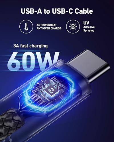 USB to USB C 케이블 60W 고속 충전 [2팩 0.9m(3피트), USB A to USB C 케이블 | CarPlay, 내구성이 뛰어난 브레이드 USB 타입 C 아이폰 충전기 USBC 코드 아이폰 17/16/15/프로 맥스, 삼성 갤럭시 S23 및 기타용 - 블랙 - color: 블랙., size: 3피트, style: USB A to USB C