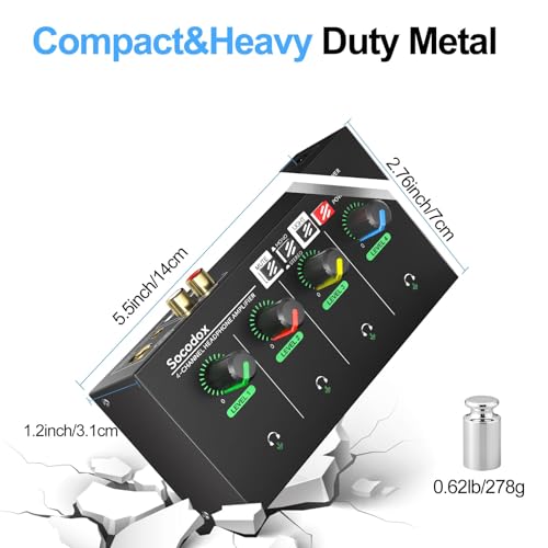 4 Channel Headphone Amplifier, 8 Outputs Stereo Audio Amplifier | Metal Headphone Amp with 1/4", 1/8" & RCA Inputs, RGB Volume Control, Stereo/Mono Switch for Studio, Podcast, Streaming - size: S