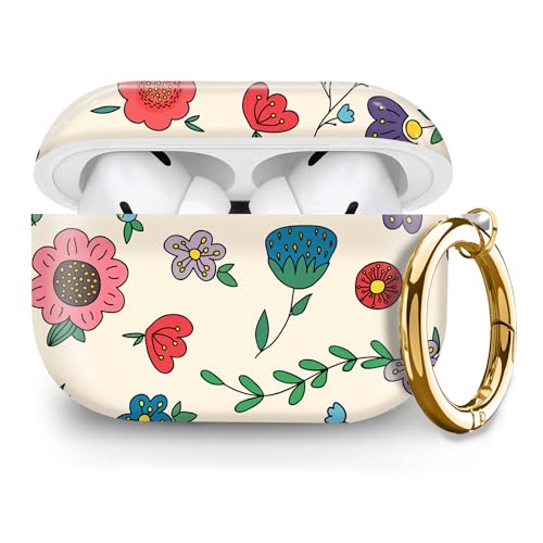 Cute Hard Case Compatible with AirPods Pro 2nd/1st Generation, Protective Cover with Golden Keychain, Fits 2023/2022/2019 Models, for Women, Girls, and Men(Cute Cartoon Flower - color: Cute Cartoon Flower