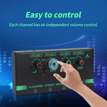 Horse Headphone Amp Amplifier, 4-Channel Metal Stereo Audio Amplifier, Mini Earphone Splitter, 1/4" 1/8" TRS/TS Audio Input and Output for Music Studio, DC 12V(Green&Black) - color: Green&Black(4-Channel)