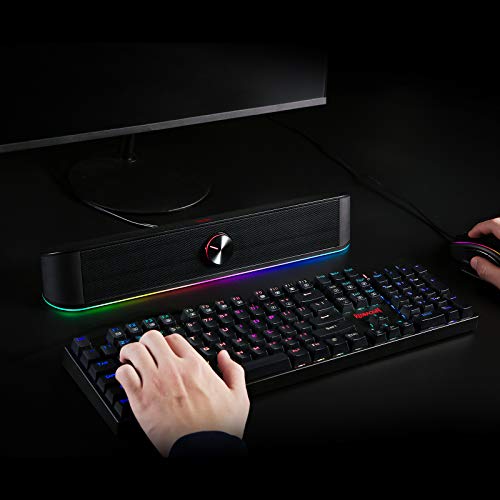 Redragon GS560 RGB Desktop Soundbar, 2.0 Channel Computer Speaker with Dynamic Lighting Bar Audio-Light Sync/Display, Touch-Control Backlit with Volume Knob, USB Powered w/ 3.5mm Cable, Black | 2.0 Stereo Enhanced Auido Quality, Touch-Control Backlit, Vol