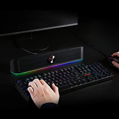 Redragon GS560 RGB Desktop Soundbar, 2.0 Channel Computer Speaker with Dynamic Lighting Bar Audio-Light Sync/Display, Touch-Control Backlit with Volume Knob, USB Powered w/ 3.5mm Cable, Black | 2.0 Stereo Enhanced Auido Quality, Touch-Control Backlit, Vol