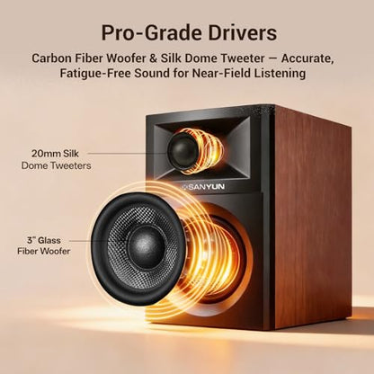 Sanyun SW203 3" 2.0 Computer Speakers, Expanded Stereo Field, Triple-DSP | Built-in 24bit DAC, USB-C/Bluetooth 5.4/AUX, 60W Carbon Fiber Woofer & Silk Dome Tweeter, for Desktop PC Gaming (Pair, Red) - color: Red