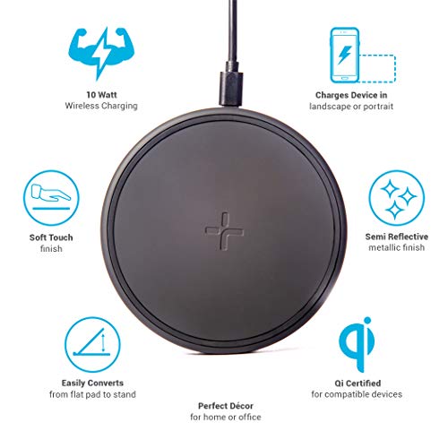 TYLT Crest Round Wireless Charger, Universal Fast Wireless Charging Pad, QI Certified 10w Max Compatible with Apple iPhones, Samsung Galaxy Phones, Wireless Buds and Other QI Capable Devices| Black
