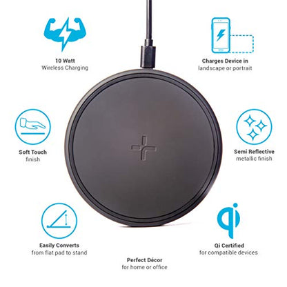 TYLT Crest Round Wireless Charger, Universal Fast Wireless Charging Pad, QI Certified 10w Max Compatible with Apple iPhones, Samsung Galaxy Phones, Wireless Buds and Other QI Capable Devices| Black