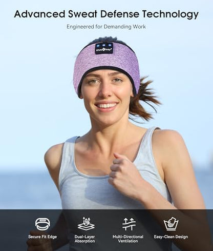 MUSICOZY Bluetooth 5.4 Sleep Headphones Headband Sports Wireless Audio | Earbuds 2 in 1 Design with Breathable Stretch Fabric, HD Stereo Sound Speakers for Workout Yoga Running, Nighttime Sleep Use - color: Light Purple