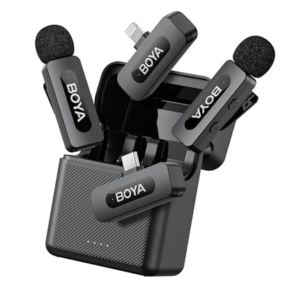 BOYA BY-V3 Combo Wireless Microphone for iPhone Android Smartphone,100M Los Range,36H Duration,Noise Cancellation,Plug&Play Lavalier Lapel Mics for Vlogging Interview 2-in-1 Charging Case(2TX+2RX) - style: BY-V3 Combo(2TX+2RX+CC)