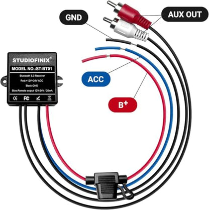 STUDIOFINIX Marine Bluetooth Receiver - IP67 Waterproof BT 5.3 Remote Wireless Connectivity, Stero Male RCA Output for Vehicle of Boat,UTV,ATV, Golf Carts,Motorcycles, Speakers