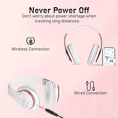 Bluetooth Headphones Over Ear, 6S Foldable Wireless Headphones with 6 EQ Modes, 40 Hours Playtime HiFi Stereo Headset with Mic, Soft Ear Pads, TF/FM for Cellphone/PC/Home (White & Rose Gold) - color: Rose Gold