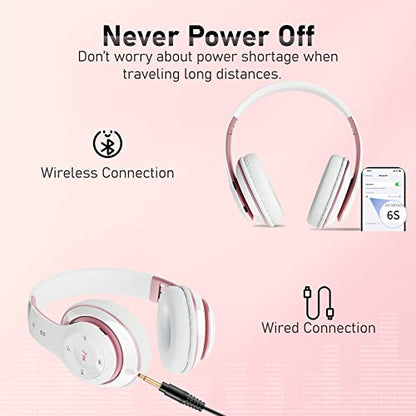 Bluetooth Headphones Over Ear, 6S Foldable Wireless Headphones with 6 EQ Modes, 40 Hours Playtime HiFi Stereo Headset with Mic, Soft Ear Pads, TF/FM for Cellphone/PC/Home (White & Rose Gold) - color: Rose Gold