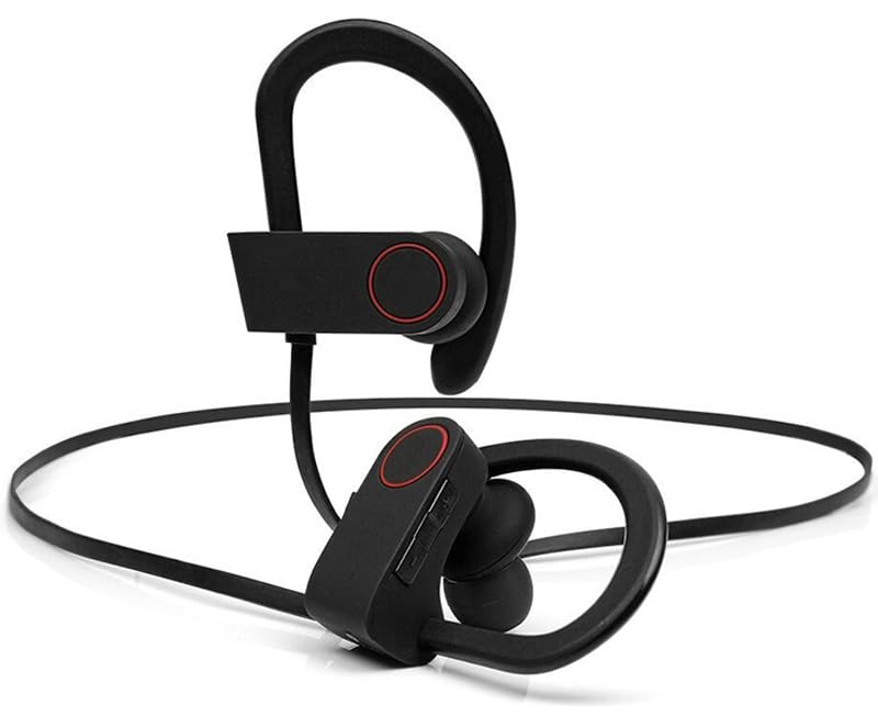 IPX7 Waterproof Wireless Headset Sports Bass Wireless Bluetooth 5.0 Earphones Hanging Ear with Microphone (Red) - color: Red