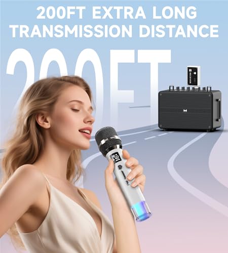 무선 마이크, 일대일 칩 연결 및 LED 조명이 있는 마이크, 40H 지속 시간, 60.6m(200피트) 범위 수신, 노래, 연설, 홈 파티, 유튜브/틱톡용 볼륨 컨트롤 노래방 마이크