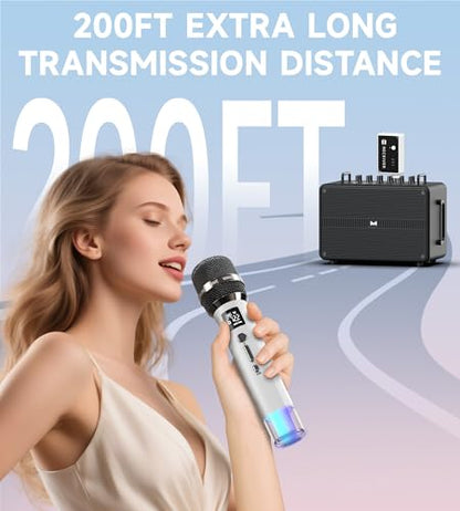 무선 마이크, 일대일 칩 연결 및 LED 조명이 있는 마이크, 40H 지속 시간, 60.6m(200피트) 범위 수신, 노래, 연설, 홈 파티, 유튜브/틱톡용 볼륨 컨트롤 노래방 마이크
