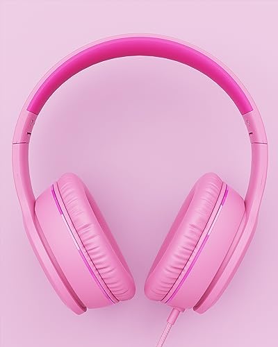 Wired Headphones with Microphone, K16 On-Ear Headphones for Kids with 3.5MM Jack, Foldable Stereo Bass Headphone for Teens School Amazon Kindle, Fire, Chromebook, Tablet (Pink Red)