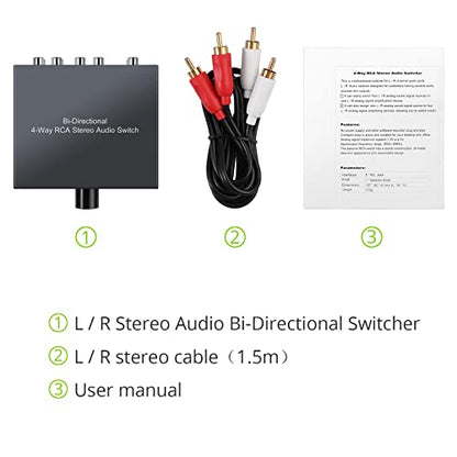 4-Way Bi-Directional RCA Stereo Audio Switch, 1 in 4 Out or 4 in 1 Out, L/R Sound Channel Audio Switch Splitter RCA Stereo Switch Selector for DVD Stereo Speaker CD Player (4-Way) - color: 4-Way