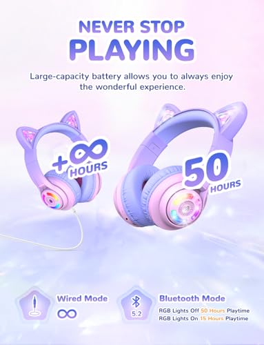 iClever BTH13 Kids Bluetooth Headphones for Girls, LED Cat Ear Travel Gift | SafeSound Tech, 50H Playtime, USB C Charging, AUX Cable, Stereo Sound, Kids Headphones Wireless with Mic for Tablet PC - color: Pink Gradient