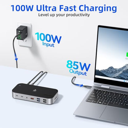 LIONWEI Laptop Docking Station,16 in 1 USB C Docking Station Triple Monitor | USB C Dock Station with 3HDMI,PD, 7USB,RJ 45 Ethernet,Card Reader,Audio for Dell/HP/Lenovo（Include Power Adapter)