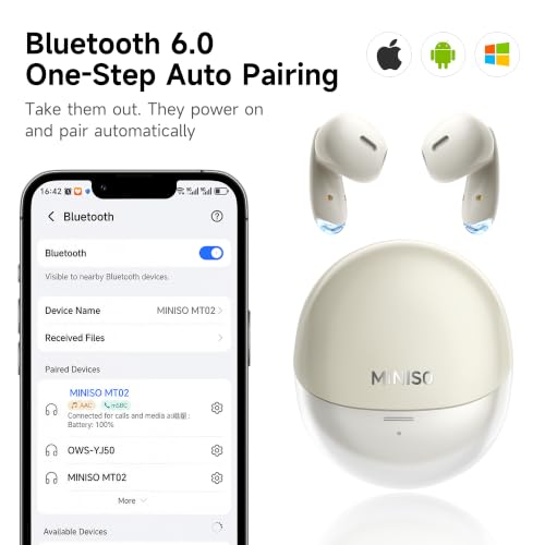 MINISO True Wireless Earbuds with Charging Case, Bluetooth 6.0 Ear Buds | In Ear Headset, HiFi Stereo, 50 H Playback Earphones with ENC Mic, Hands-Free Clear Calls for TV Smart Phone Laptop Sports - color: Beige