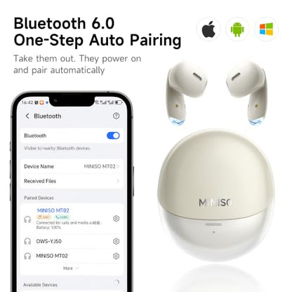 MINISO True Wireless Earbuds with Charging Case, Bluetooth 6.0 Ear Buds | In Ear Headset, HiFi Stereo, 50 H Playback Earphones with ENC Mic, Hands-Free Clear Calls for TV Smart Phone Laptop Sports - color: Beige