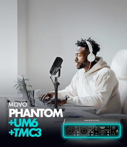 Movo Podcast Equipment Bundle - Phantom USB Audio Interface, 2 UM6 XLR/USB-C Dynamic Microphones, and 2 Tabletop Stands - Dual Microphone Setup for Professional Podcasting and Streaming - style: with 2 Microphones and Desk Stands