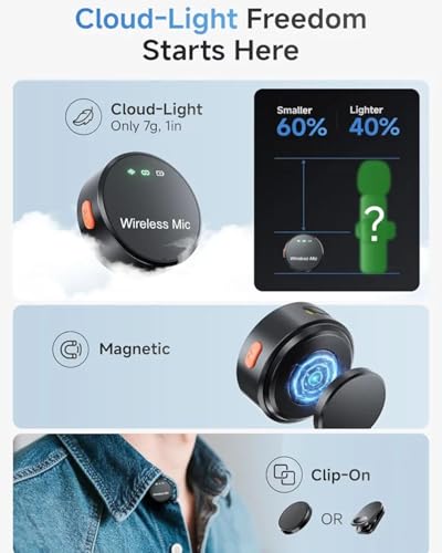 Wireless Lavalier Microphone, USB-C, 2-Channel, Clip-on Mic with Charging Case,Coin-Sized Invisible Mic，40H Battery, Noise Cancellation for iPhone Android Recording YouTube TikTok Live Streaming