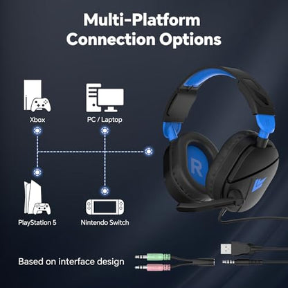 QXQ Wired Gaming Headset for PS5/PS4/PC/Switch - 3.5mm Over-Ear Headphones with Noise-Canceling Mic - RGB LED Light - Deep Bass Stereo Surround Sound - Soft Memory Foam Earpads (Dark Blue) - color: Dark Blue