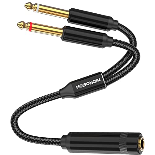 HOSONGIN 1/4 TRS Stereo Jack to Dual 1/4 TS Mono Y-Splitter Insert Cable, Nylon Braided Jacket Gold-Plated Plug Double Shielding Cable, 1 Feet - style: 1/4" TRSF to Dual 1/4" TSM