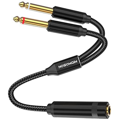 HOSONGIN 1/4 TRS Stereo Jack to Dual 1/4 TS Mono Y-Splitter Insert Cable, Nylon Braided Jacket Gold-Plated Plug Double Shielding Cable, 1 Feet - style: 1/4" TRSF to Dual 1/4" TSM