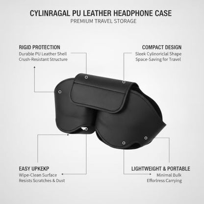 Over-Ear Headphones Rigid Cylindrical Case, Durable PU Leather Travel Organizer for Storage