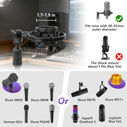 Mic Stand Desk Adjustable Desktop Microphone Stand with Stable Metal Base, Shock Mount, Pop Filter, Mic Clip, and Mic Adapter for AT2020, HyperX QuadCast, Blue Yeti, Shure SM58
