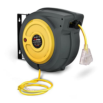 ReelWorks Extension Cord Reel Retractable 14AWG x 50' Foot 3C/SJTOW Glow Strip Cable Triple Tap Connector Advanced Slow Retraction Technology (SRT)