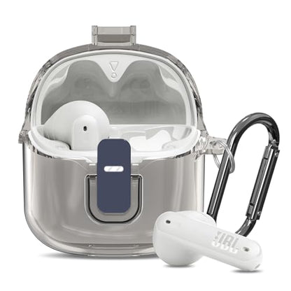 [Secure Lock] Clear Case for JBL Tune Flex Case Cover Compatible with JBL Tune Flex True Wireless Noise Cancelling Earbuds Anti-Scratch Protective Cover with Keychain (Clear Grey) - color: Clear Grey
