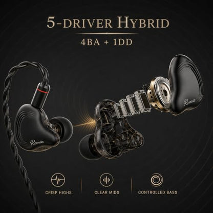 Rosmas USB-C Earbuds with Mic, SM10 Pro Wired IEM Earphones 5-Driver Hybrid in-Ear Monitors, 4BA+1DD Detailed Sound, Detachable 2-Pin Cable, USB c Gaming Earbuds for Music Calls and Daily Use,Black - color: Black&USB-C