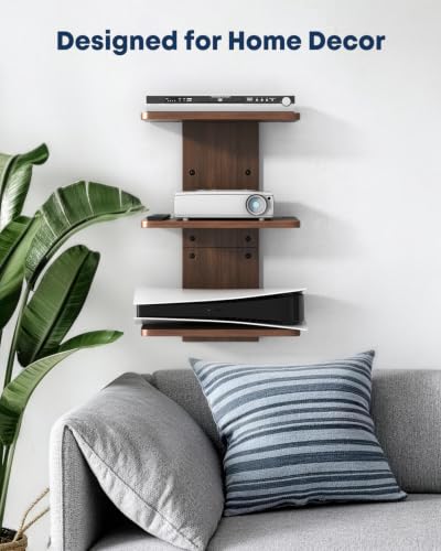 Floating TV Projector Shelf Wall Mount - 3 Tier Wooden Shelf, Walnut Brown | Home Decor, Cable Management, DVD Player, Router, Game Console, Cable Box, Play Station, Holds Up to 22lbs per Shelf - size: 3-Tier Shelf