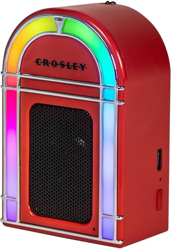 Crosley CR3046A-RE Mini Jukebox Portable Bluetooth Speaker, Red | Bluetooth In, 5 Color-Changing Light Modes, LED Lights Sync with Music, Rechargeable Lithium-Ion Battery - color: Red